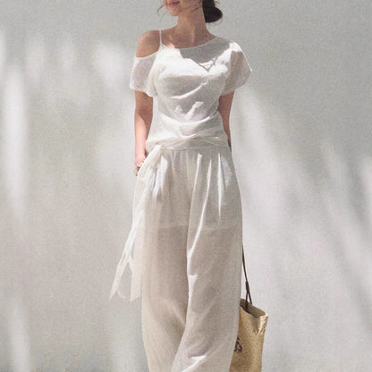 Linen Off-Shoulder Asymmetric Casual Set – 2 Colors, S–L FitiqueFit