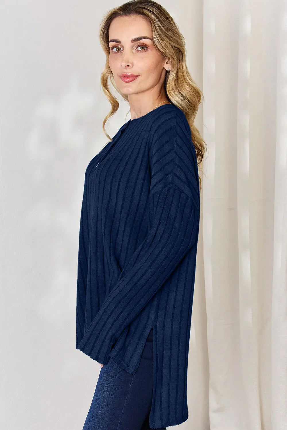 Basic Bae Full Size Ribbed Half Button Long Sleeve High-Low T-Shirt New Era Fashion LLc
