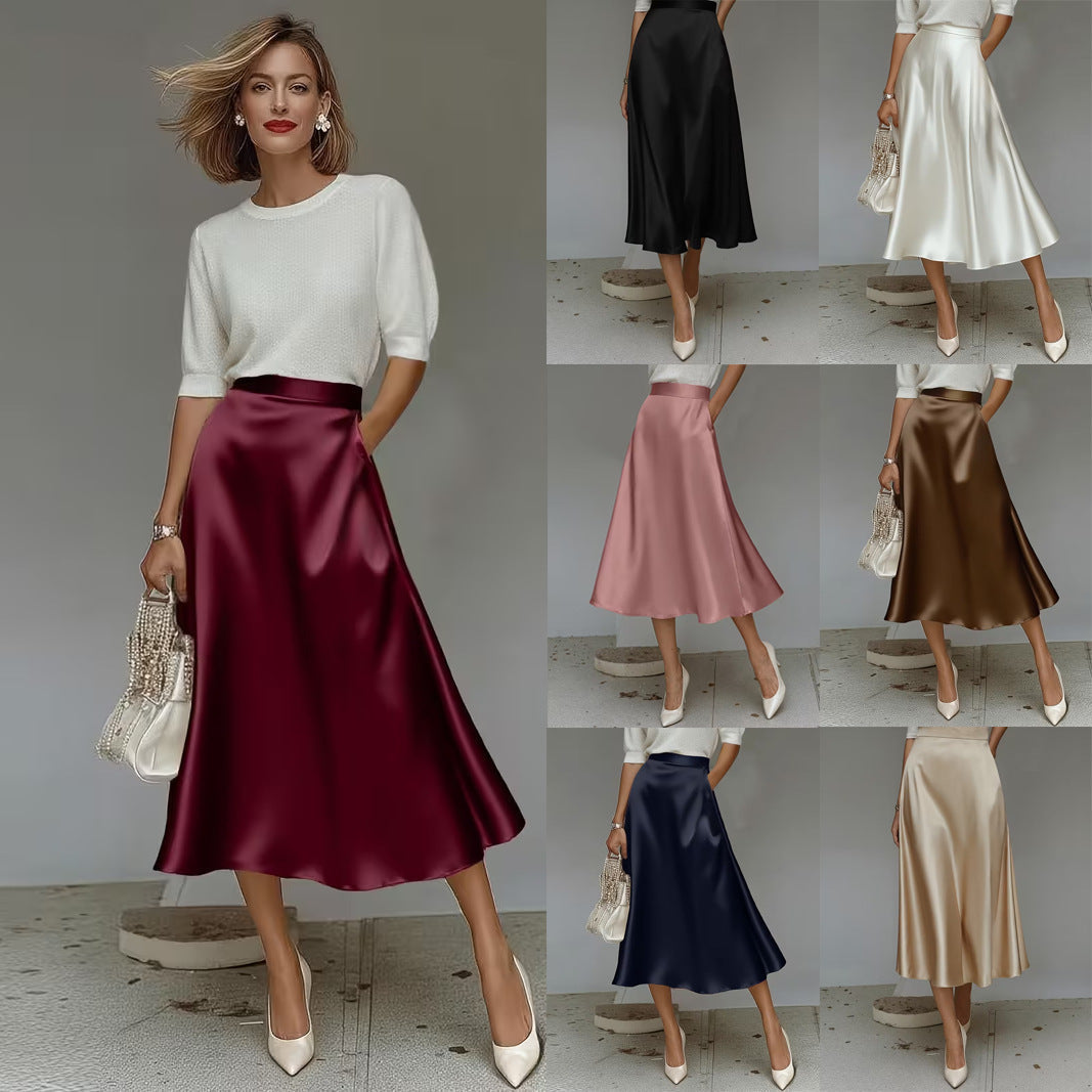 Women's Satin Solid Color Mid-Length Skirt – Slight Stretch FitiqueFit