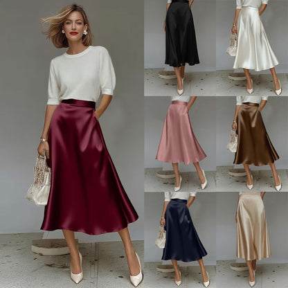 Women's Satin Solid Color Mid-Length Skirt – Slight Stretch FitiqueFit