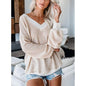 Loose V-Neck Knit Sweater with Plaid Design New Era Fashion LLc