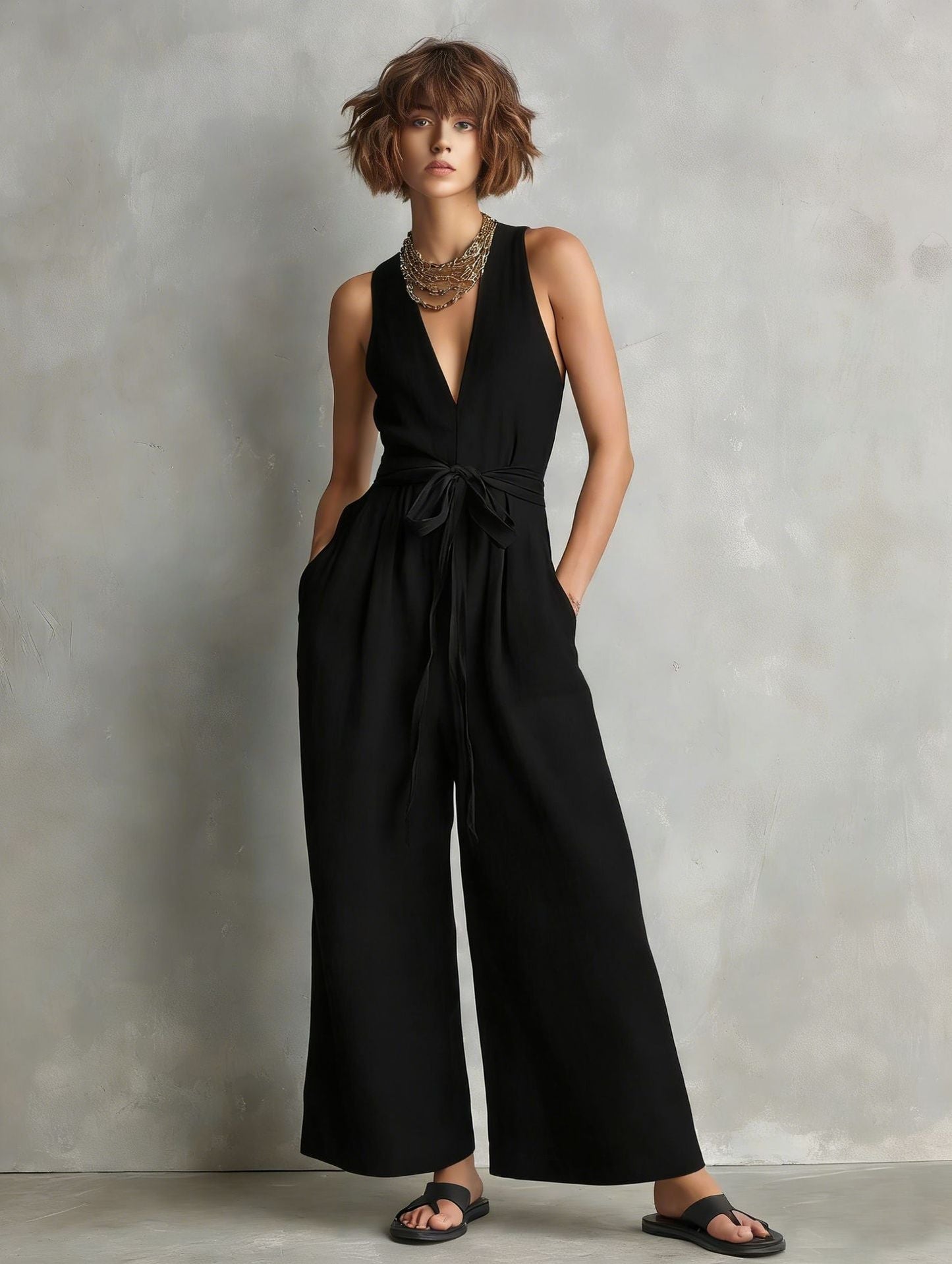 Women's Elegant V-Neck Sleeveless Commuter Jumpsuit FitiqueFit