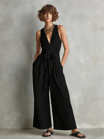 Women's Elegant V-Neck Sleeveless Commuter Jumpsuit FitiqueFit