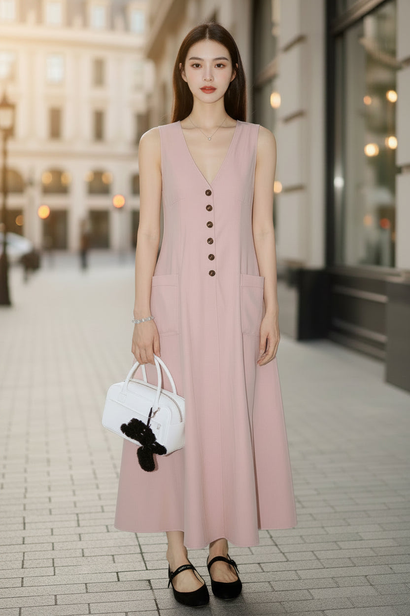 Women's V-Neck Sleeveless Button-Up Pencil Dress FitiqueFit