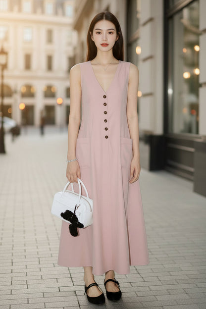 Women's V-Neck Sleeveless Button-Up Pencil Dress FitiqueFit