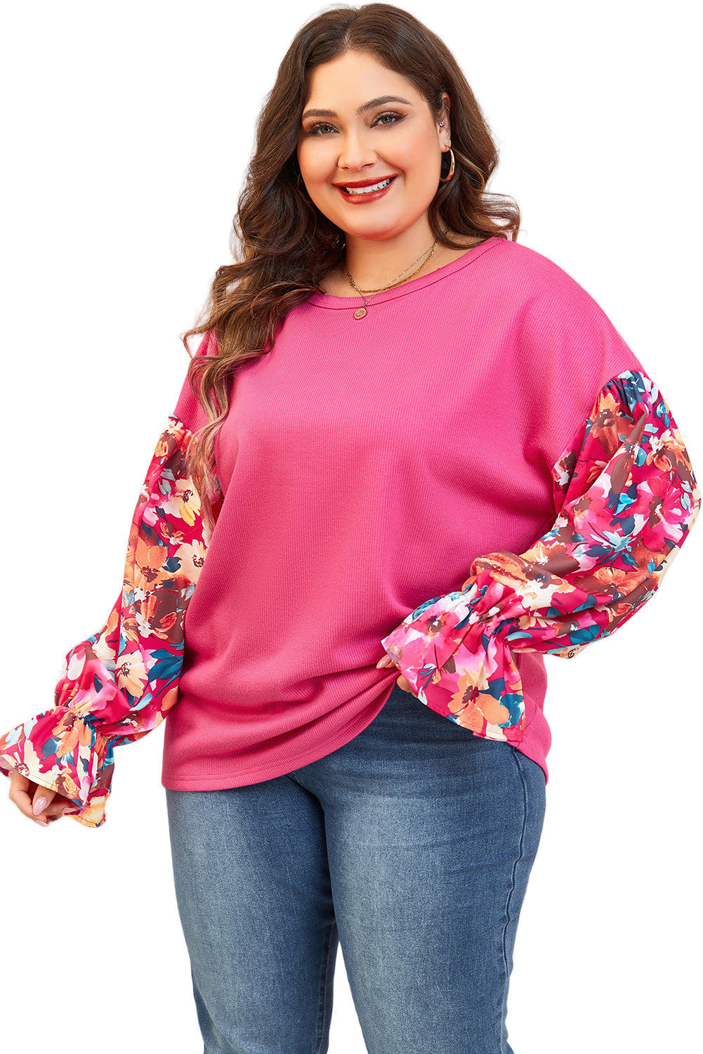 Bright Pink Floral Patchwork Flounce Sleeve Plus Knit Top Garden Naked Curves