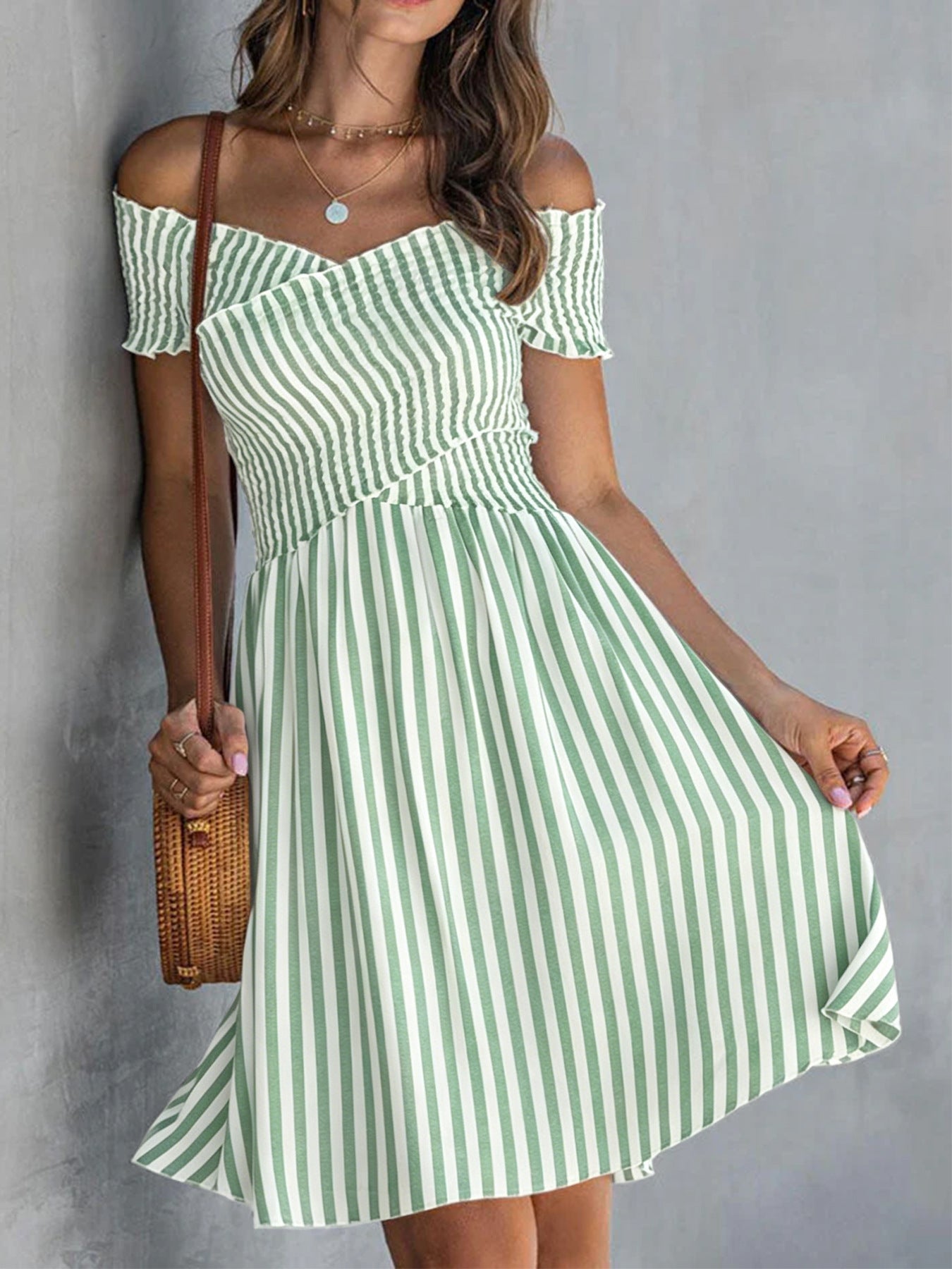 Women's Off-Shoulder Striped Waist-Cinching Midi Dress FitiqueFit