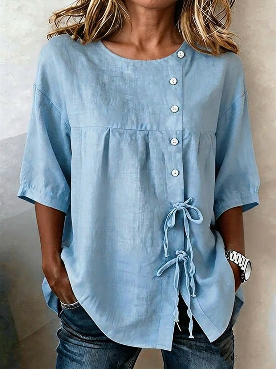 Women's Linen Lace-Up Button Shirt – 3/4 Sleeve Asymmetric FitiqueFit