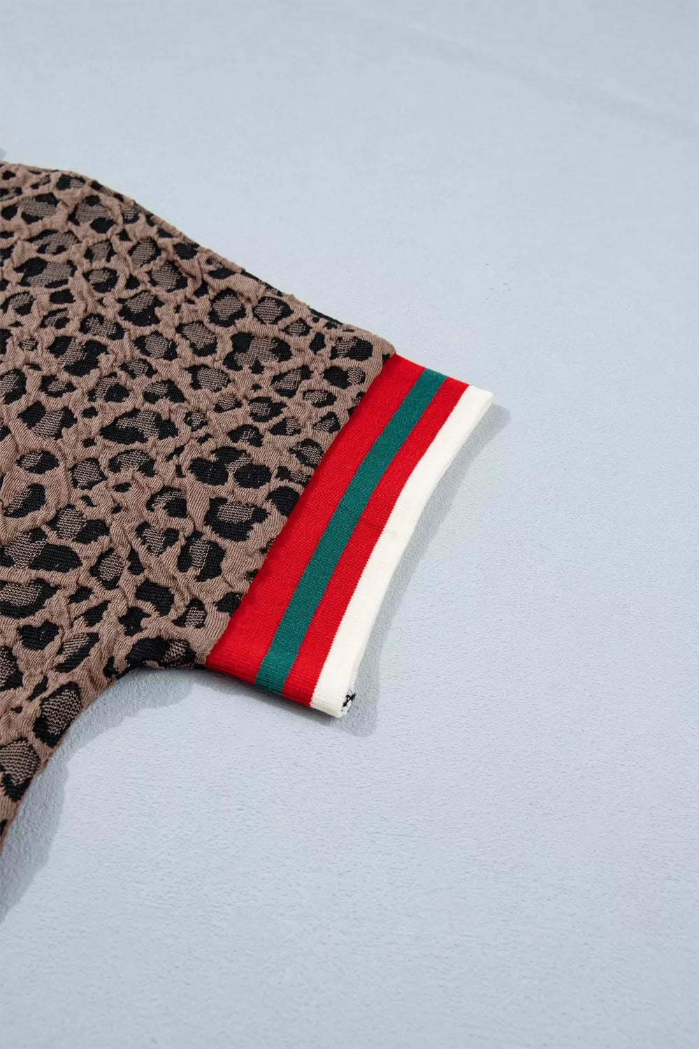 Leopard Jacquard Striped Patchwork Half Zip Short Sleeve Blouse New Era Fashion LLc
