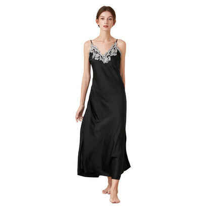 Imitated Silk Lace Sexy V-neck Long Slip Nightdress Pajamas Homewear Grayceful LLC