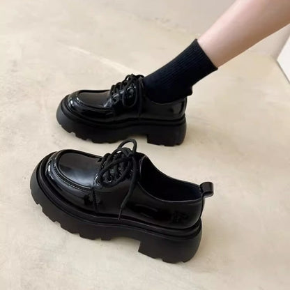 Women’s British Style Chunky Sole Leather Shoes – Trendy Loafers with Elevated Heel FitiqueFit