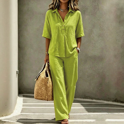 Women's Polo Neck Button-Up Top & Wide-Leg Pants Two-Piece Set FitiqueFit