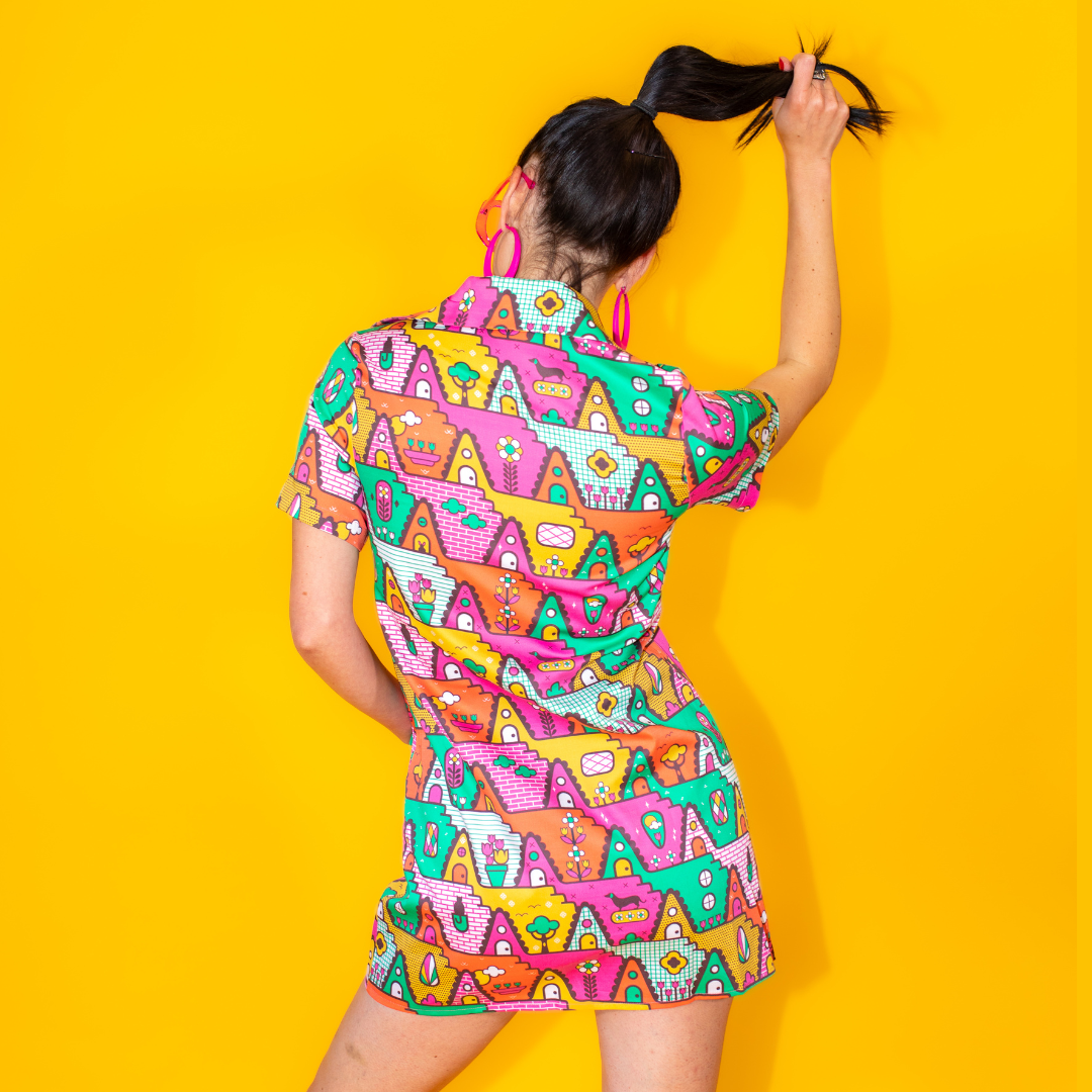 8-Bit A-Frames Minidress in Bright Day Blue Platypus Clothing
