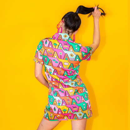 8-Bit A-Frames Minidress in Bright Day Blue Platypus Clothing