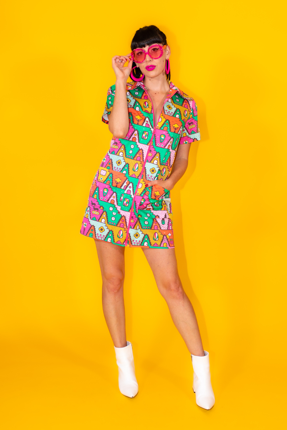 8-Bit A-Frames Minidress in Bright Day Blue Platypus Clothing