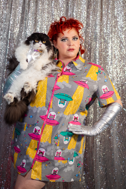 Cats in Space Minidress in Asteroid Field Blue Platypus Clothing