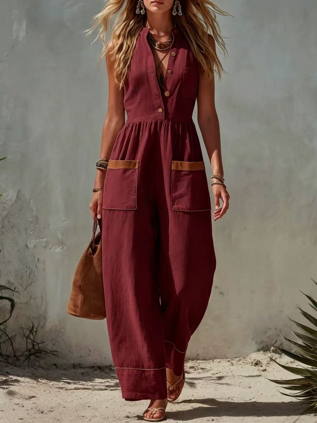 Women's Sleeveless Wide-Leg Jumpsuit – Loose Fit, V-Neck, Cotton Linen FitiqueFit
