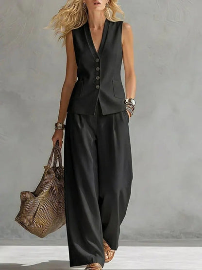 Women's Solid Linen Sleeveless Tank Top & Full-Length Pants Set FitiqueFit