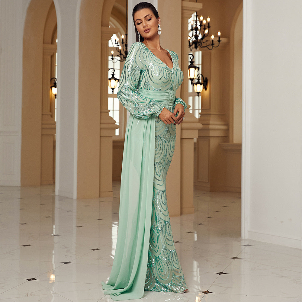 Long Sleeve Sexy Long Sequined V-neck Banquet Ribbon Evening Dress Grayceful LLC