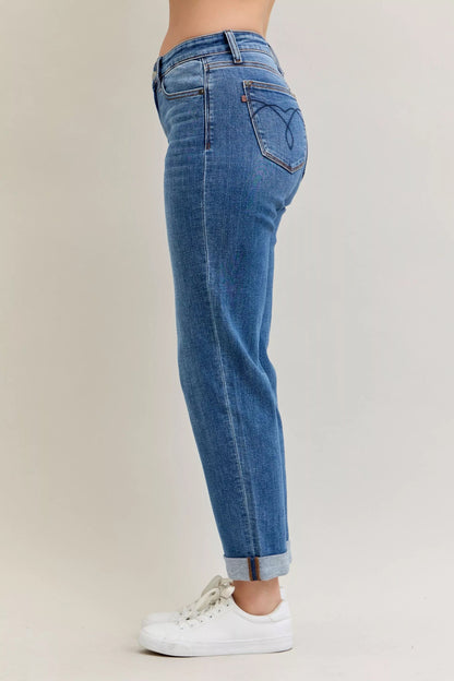 Judy Blue Full Size Mid Rise BF Classic Cuffed Jeans Plus Size Garden Naked Curves