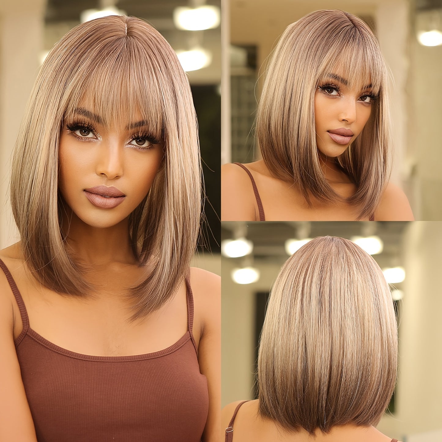Elegant 14 inch Gray Ombre Brown Bob Wig for Women with Bangs, Shoulder Length Straight Hair Wig, High Temperature Fiber, Rose Net Cap, Natural Look NovaCart
