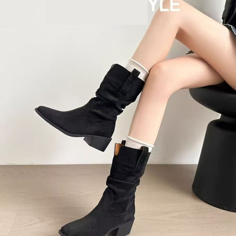 Autumn Western Pleated Short Cowhide Leather Boots for Women FitiqueFit