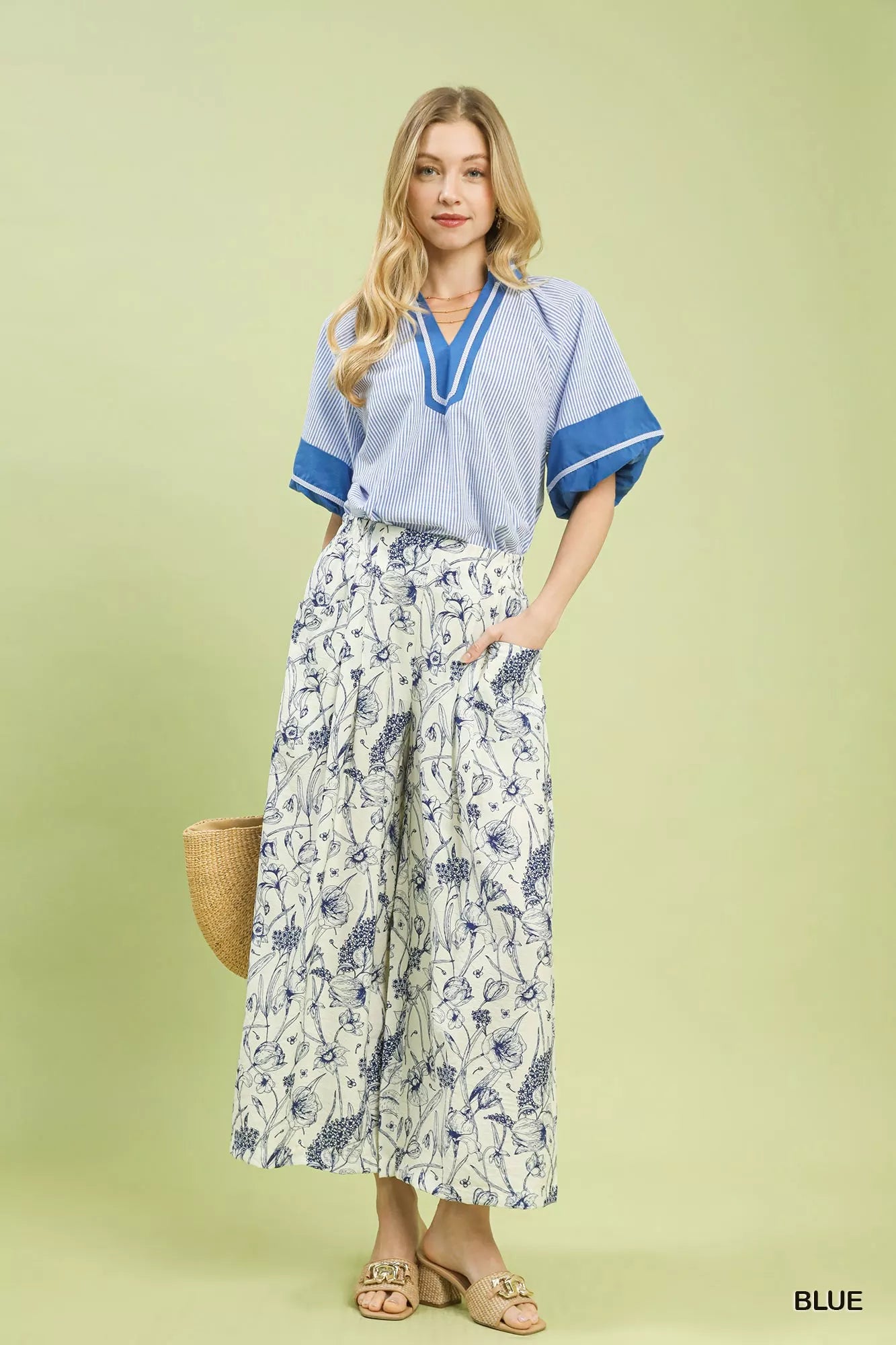 Umgee Two Tone Floral Print Pants Montret