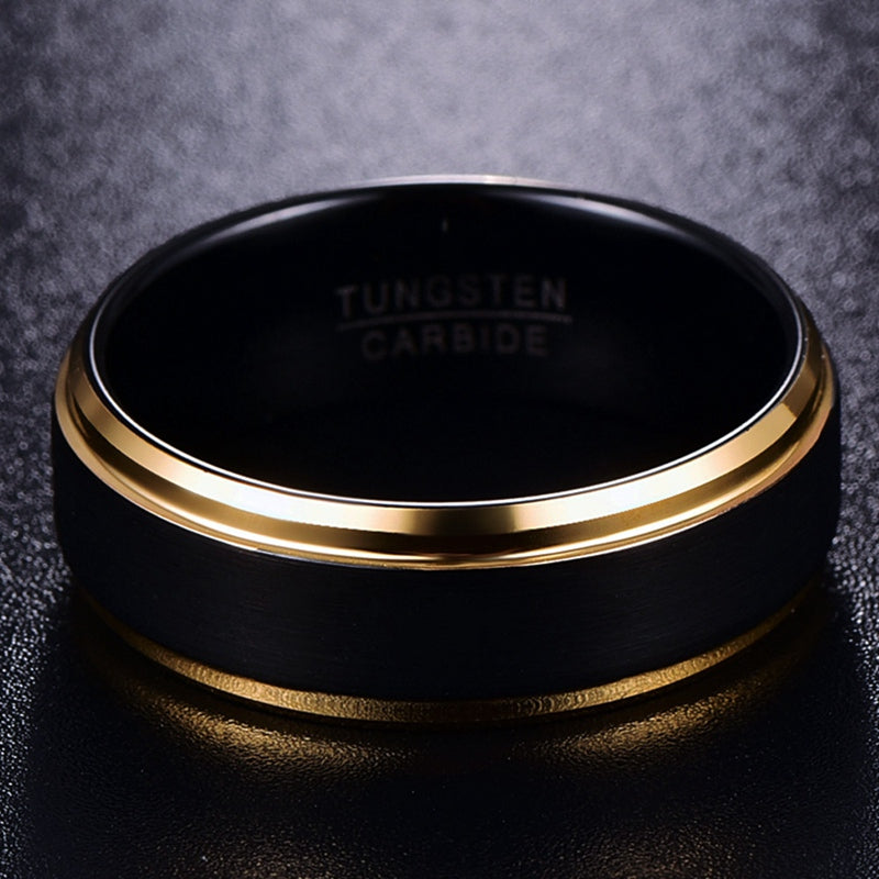 8mm Width Vacuum Plating Golden Edge Black Matte Surface Men's Tungsten Ring USA Size 7-15 NovaCart