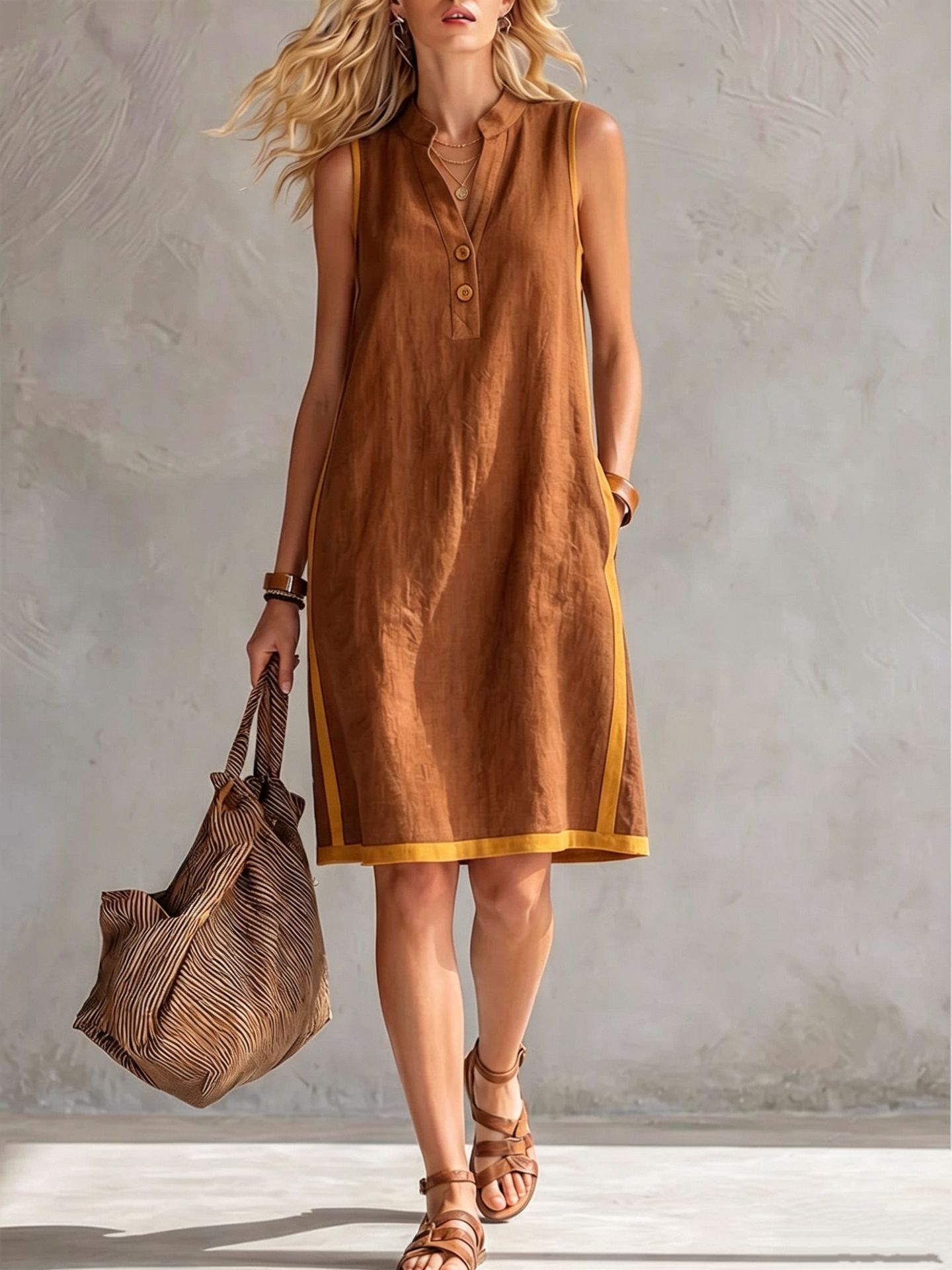 Women's Sleeveless V-Neck Button-Front Pocketed A-Line Midi Dress FitiqueFit