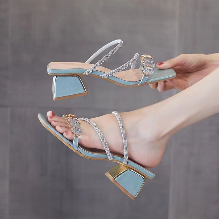 Women's Korean Style Rhinestone Single Strap Slide Sandals – Mid Chunky Heel FitiqueFit