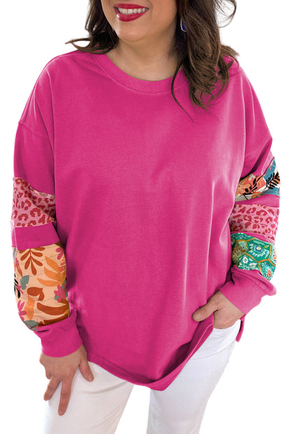 Rose Red Leopard Patchwork Sleeve Split Plus Sweatshirt Garden Naked Curves