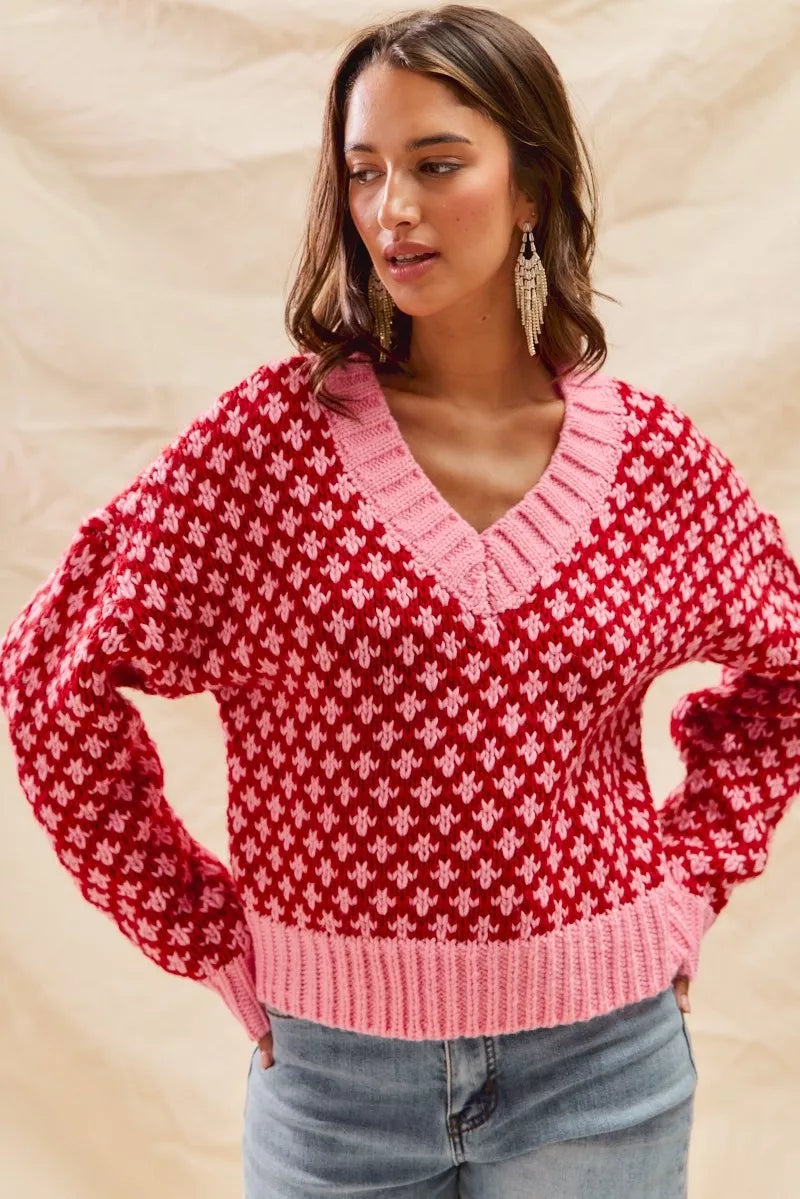 SO ME Color Block Textured Christmas Sweater V Neck Top FitiqueFit