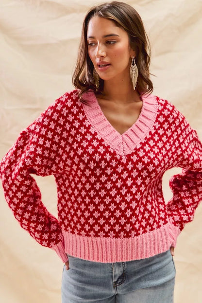 SO ME Color Block Textured Christmas Sweater V Neck Top FitiqueFit