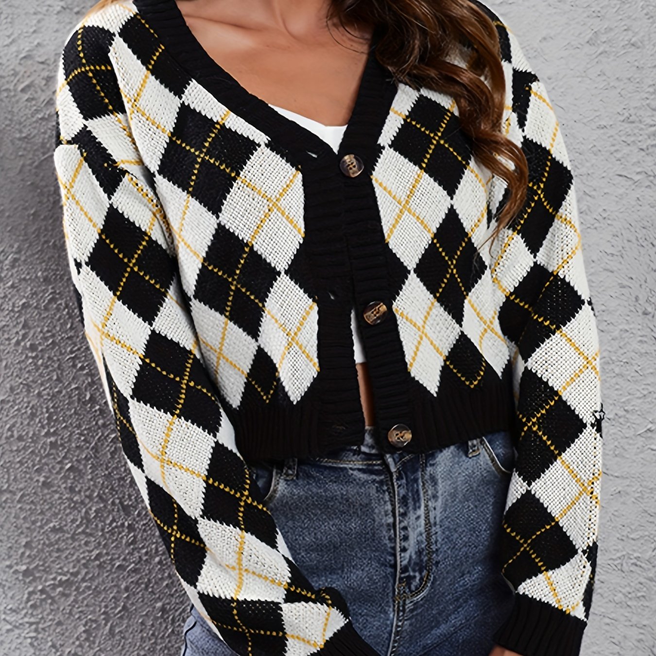 Women'S Elegant Tartan Knit Cardigan, V-Neck Short Length Sweater with Button Detail, Acrylic 100% Long Sleeve Knitwear for Fall/Winter NovaCart