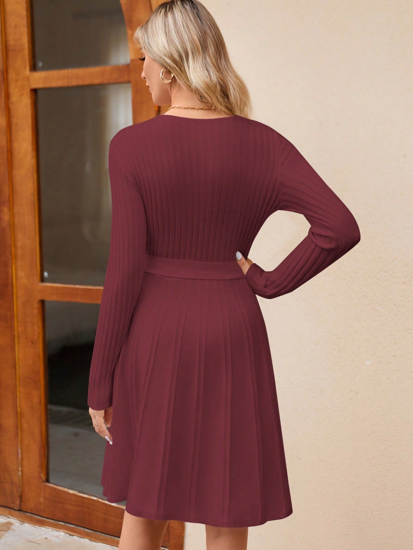 Women's Wrap A-Line Knit Dress Long Sleeve FitiqueFit