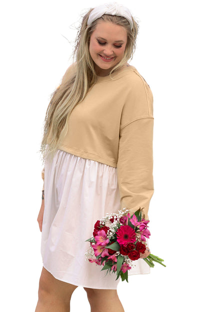 Apricot Color Block Patchwork Ruffled Plus Size Mini Dress Garden Naked Curves