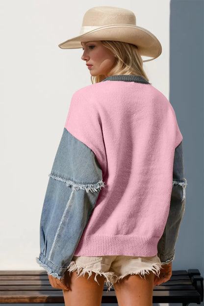 Double Take Star-Pattern Raw-Edge Long Sleeve Sweater FitiqueFit