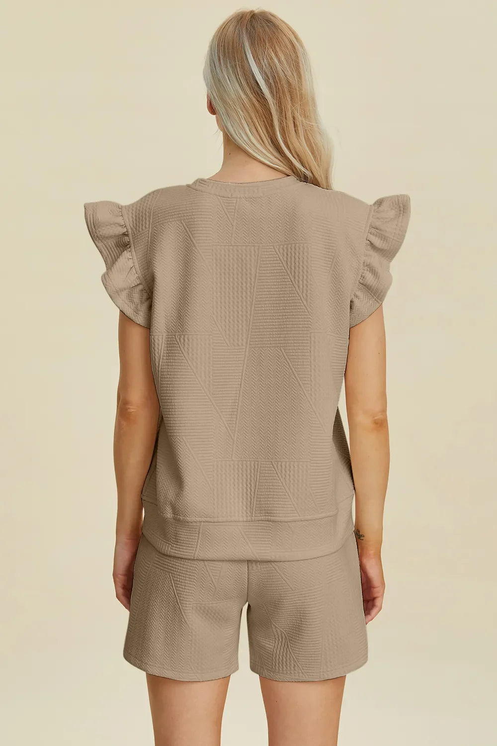 Double Take Full Size Texture Round Neck Ruffle Sleeve Top and Shorts Set West2East Surf