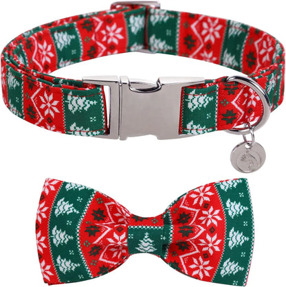 Festive Christmas Dog Collar with Removable Bow Tie - Soft, Durable, and Adjustable Cotton Collar for Small to Large Dogs