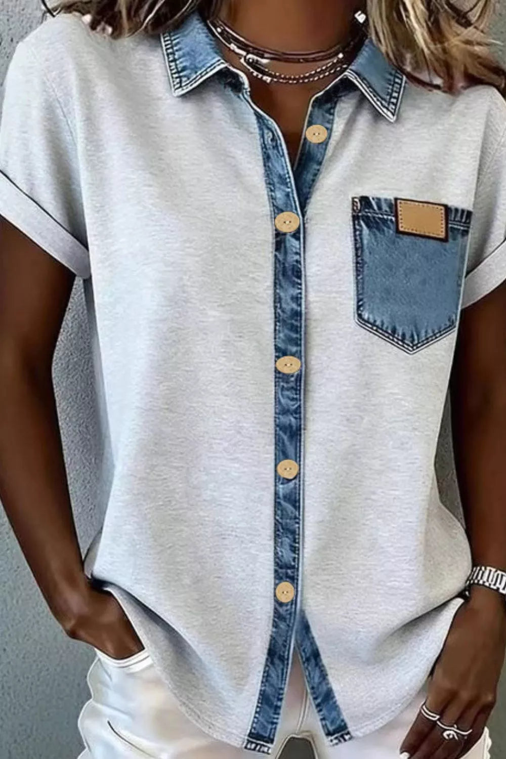 Denim Trim Button-Down Shirt New Era Fashion LLc