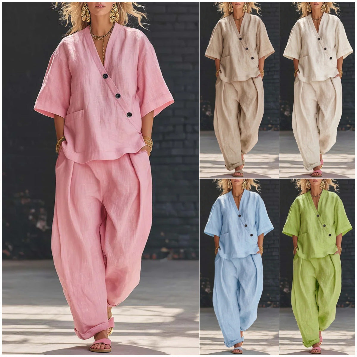V-Neck Short Sleeve Top & High-Waist Trousers Two-Piece Set FitiqueFit
