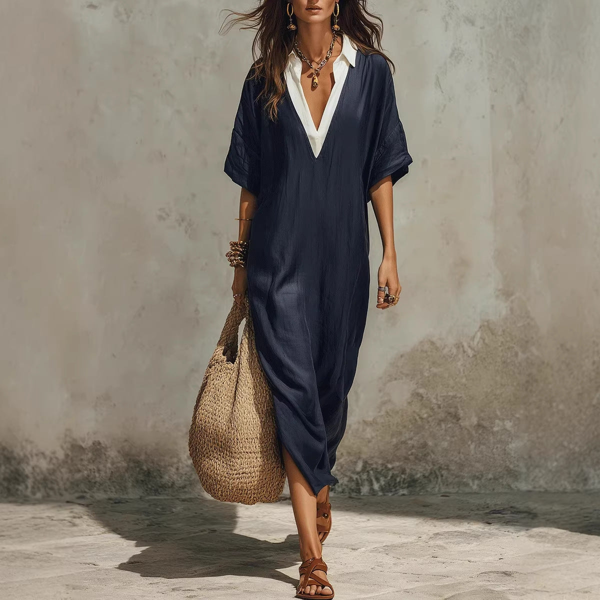 Women's V-Neck Loose Cropped-Sleeve Linen Midi Dress with Pockets FitiqueFit