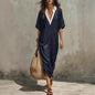 Women's V-Neck Loose Cropped-Sleeve Linen Midi Dress with Pockets FitiqueFit