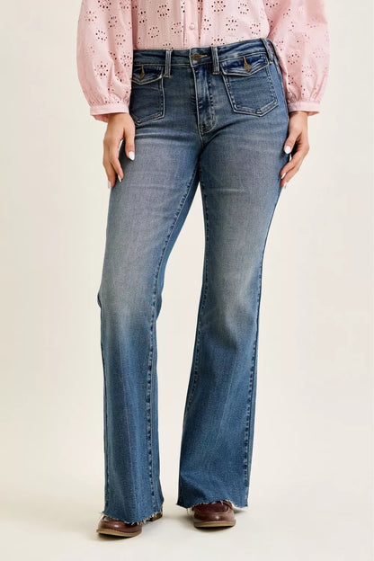 Judy Blue Mid Rise Flare Jeans with Front Flap Pockets New Era Fashion LLc