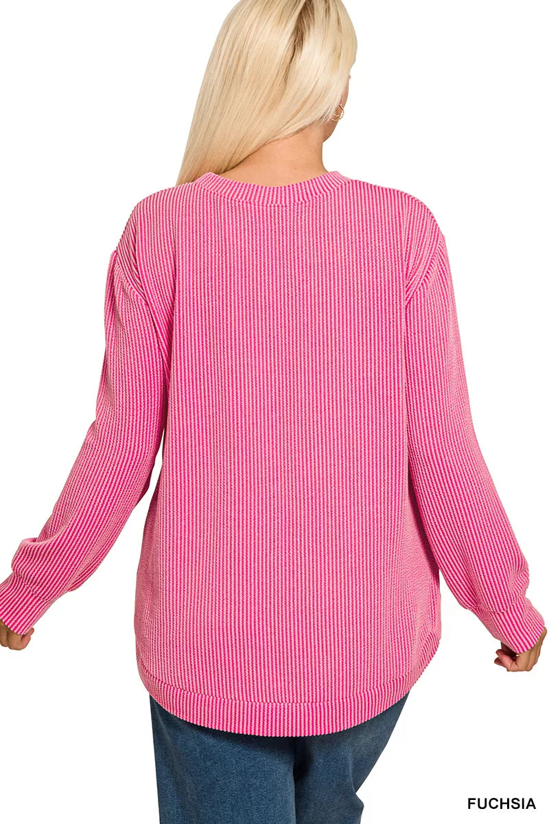 Zenana Full Size Raised Rib Round Neck Long Sleeve Top Plus Size Garden Naked Curves