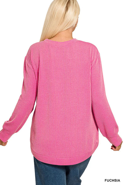 Zenana Full Size Raised Rib Round Neck Long Sleeve Top Plus Size Garden Naked Curves