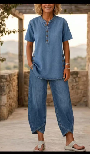 Women's Lapel Button-Up Top & Pants Two-Piece Set – Three-Quarter Sleeve FitiqueFit