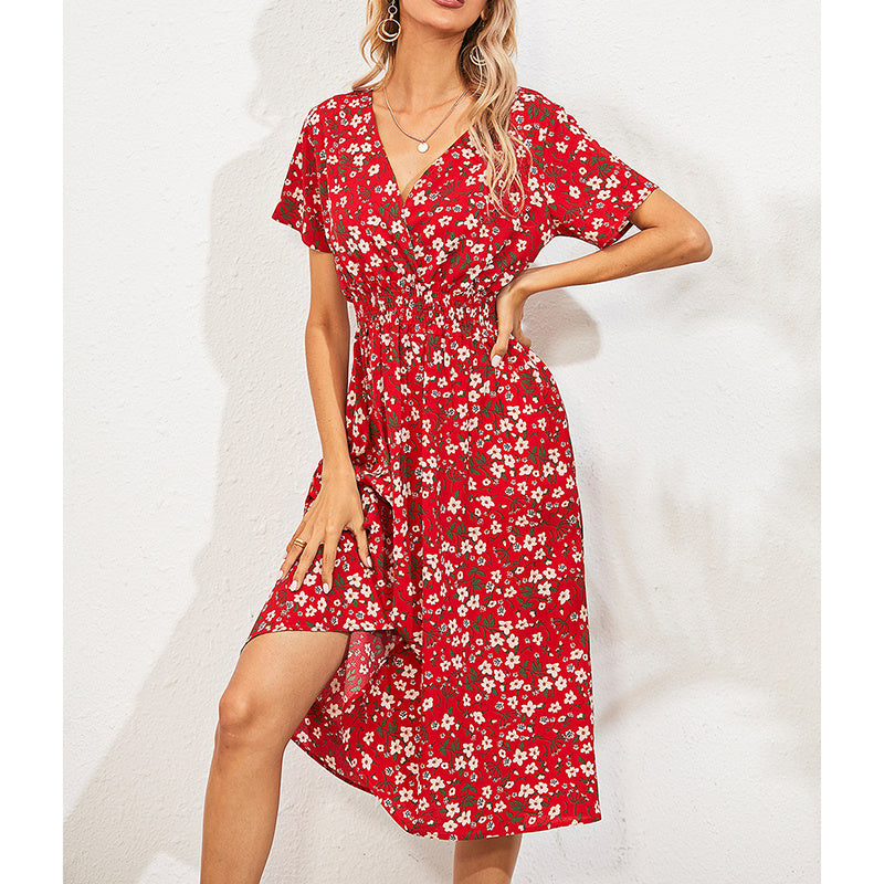 Boho V Neck Floral Print Short Sleeve Mini Dress Cute Smocked Waist Short Dress Grayceful LLC