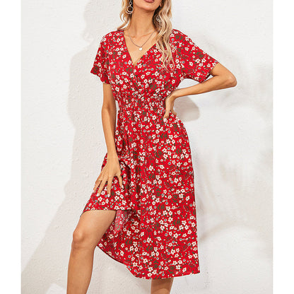 Boho V Neck Floral Print Short Sleeve Mini Dress Cute Smocked Waist Short Dress Grayceful LLC