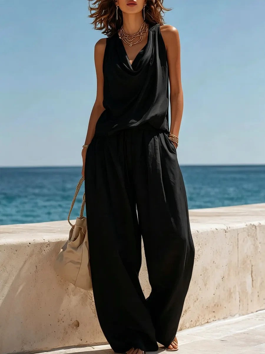 Women's Sleeveless Boat Neck Top & Wide-Leg Pants Two-Piece Set FitiqueFit